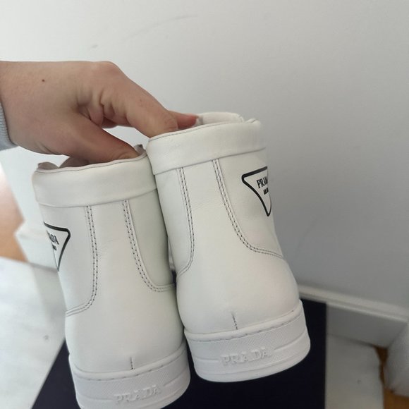 PRADA High Top Sneakers White Soft Leather Triangle Logo Lace up Men's 5.5 - Picture 8 of 11